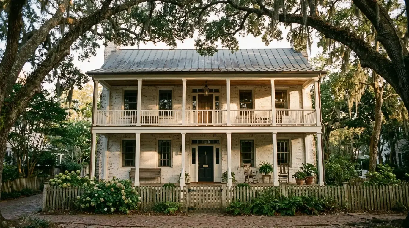 A pre-1960 Lowcountry house in Mount Pleasant with a deep double porch, painted brick and a standing seam metal roof, under a live-oak canopy at golden hour.