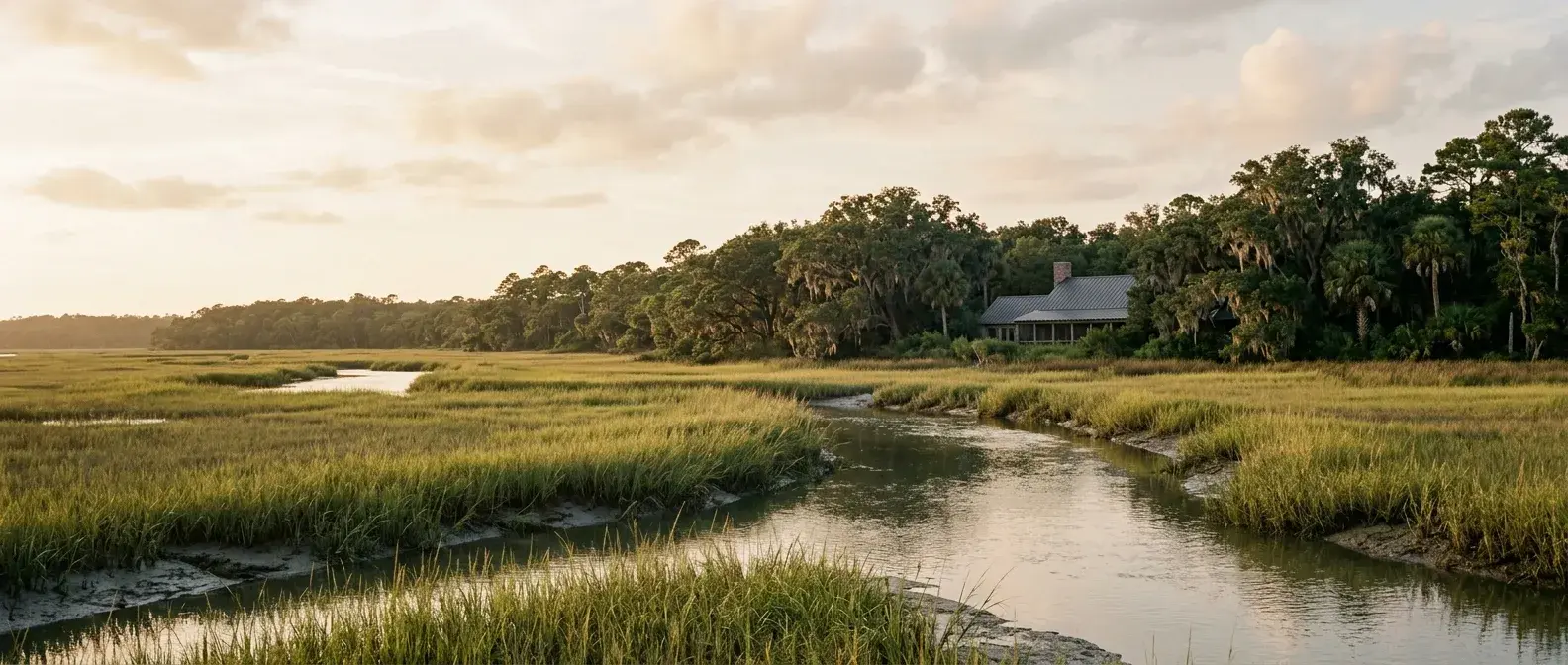 Lowcountry salt marsh and tidal creek at golden hour, with a distant roofline among live oaks.